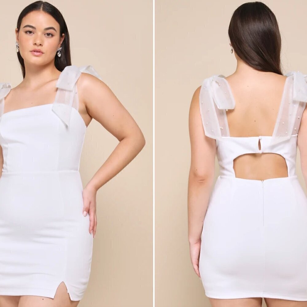 LULUS Bridal Bachelorette Engagement Bridal Shower Sexy Bow Pearls Mini Dress - Picture 4 of 7